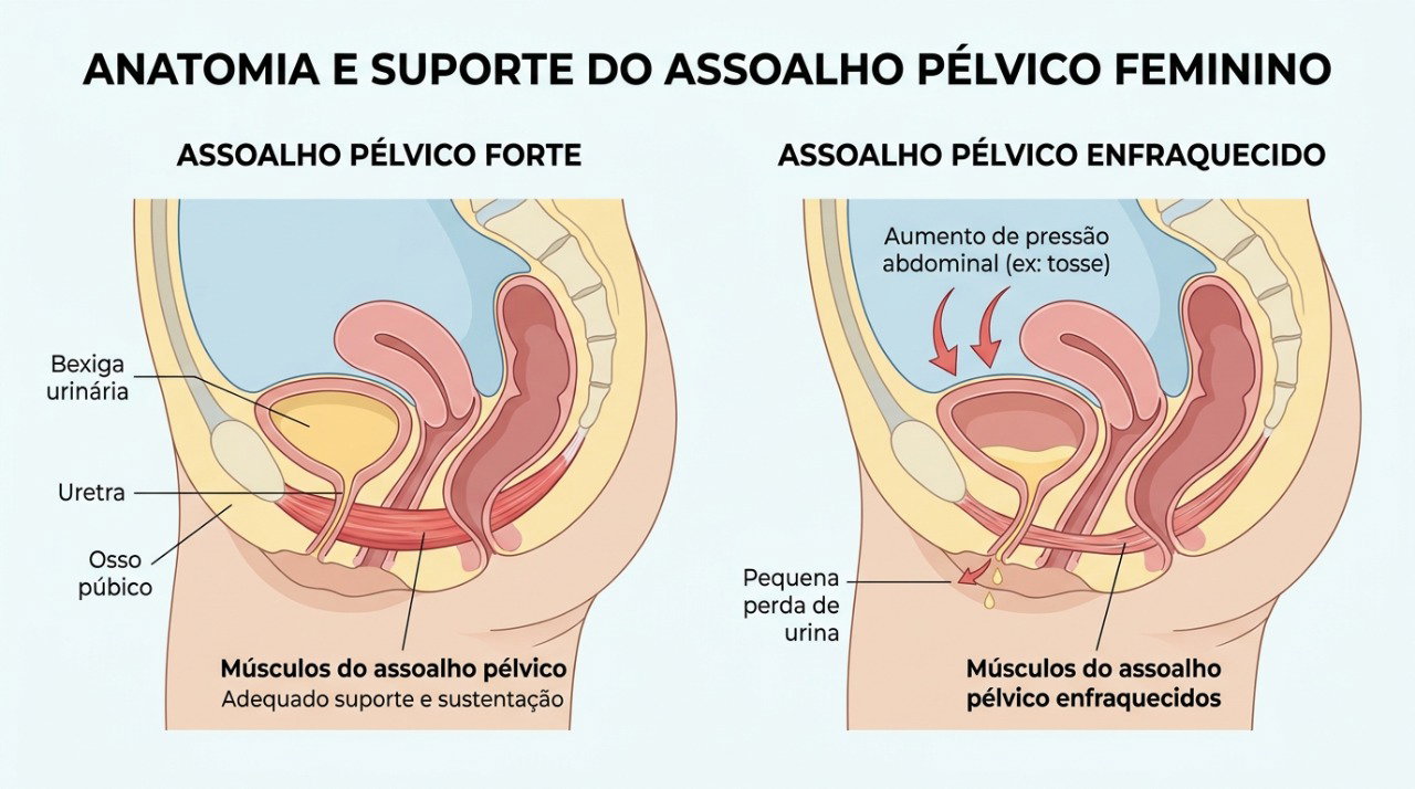 A incontinência urinária de esforço acontece quando os mecanismos de sustentação e fechamento da uretra não conseguem impedir escapes durante aumentos da pressão abdominal.
