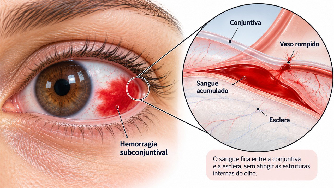 A hemorragia subconjuntival acontece quando um pequeno vaso se rompe e o sangue fica acumulado sob a conjuntiva.