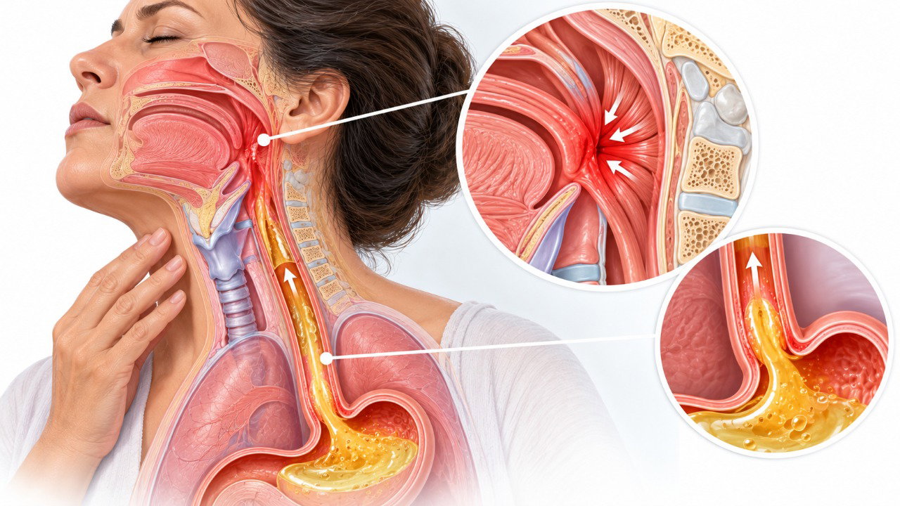 O refluxo e a tensão dos músculos da garganta podem contribuir para a sensação de algo preso, mesmo sem obstrução.
