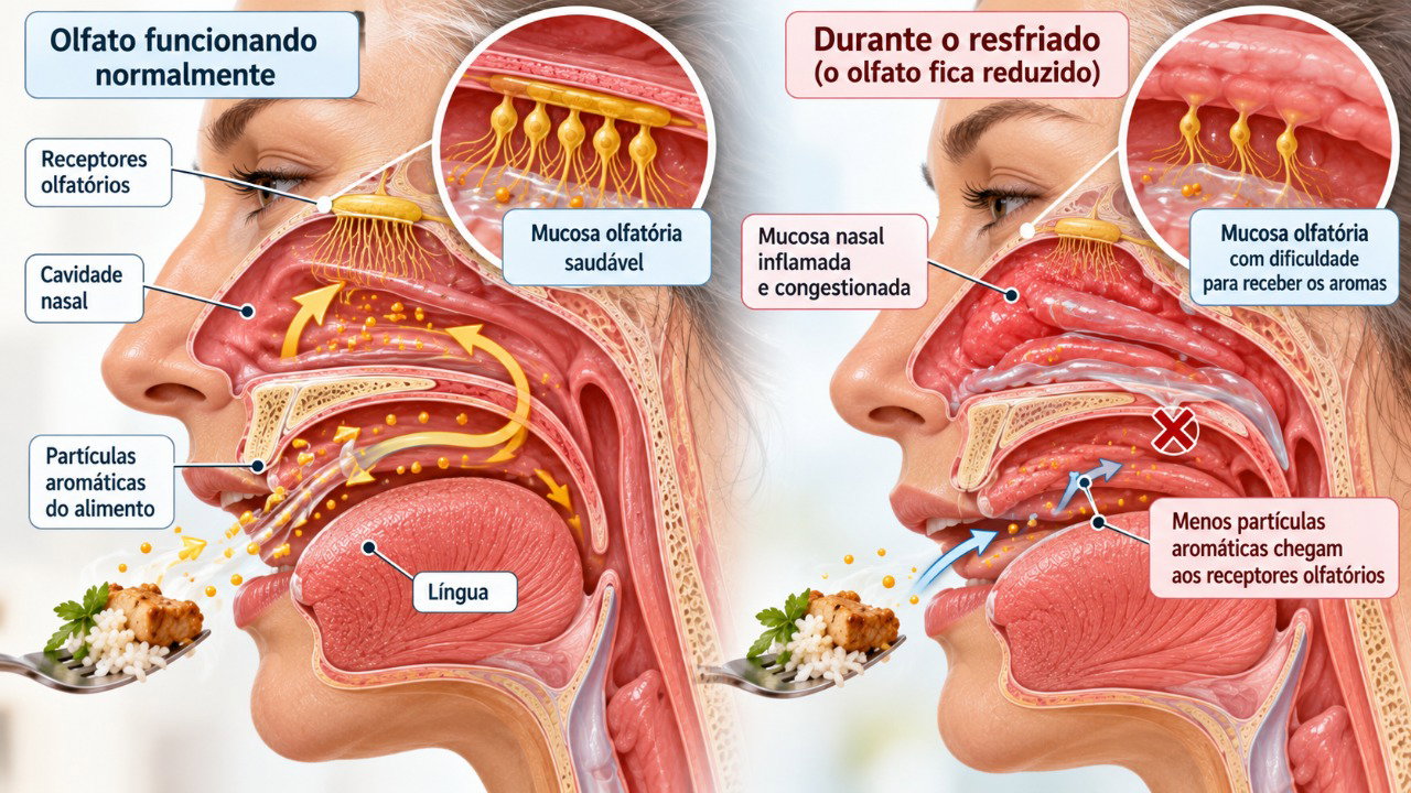 O olfato ajuda a identificar os sabores dos alimentos, e a congestão nasal pode prejudicar essa percepção durante e após um resfriado.