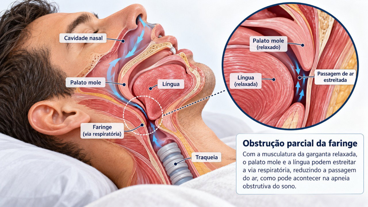 Na apneia obstrutiva do sono, o estreitamento das vias respiratórias pode interromper a respiração e contribuir para a dor de cabeça matinal.
