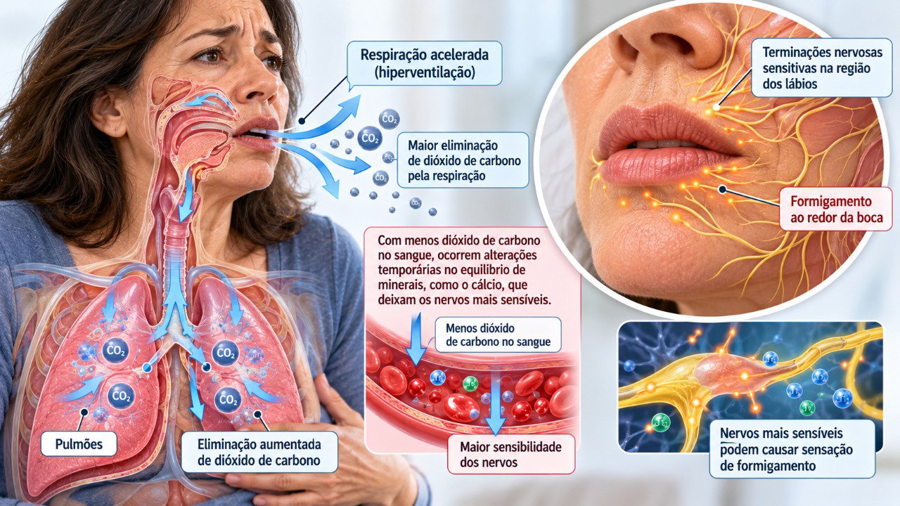 A hiperventilação durante uma crise de pânico pode reduzir o gás carbônico no sangue e provocar formigamento nos lábios e nas mãos.