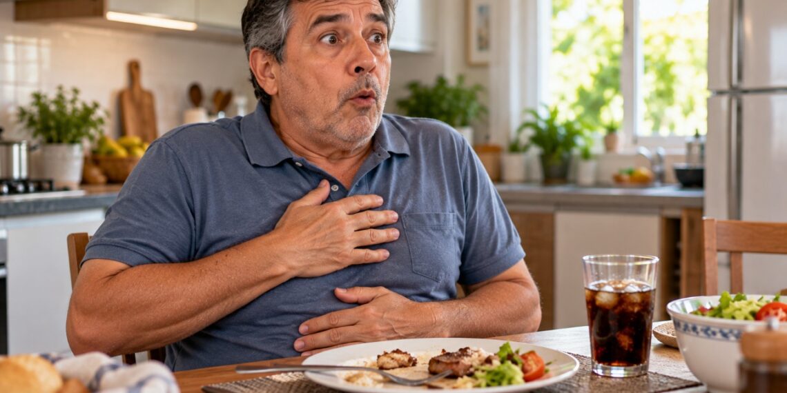 Comer depressa pode favorecer a entrada de ar no estômago e desencadear episódios passageiros de soluço após as refeições.