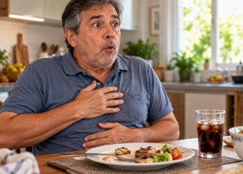Comer depressa pode favorecer a entrada de ar no estômago e desencadear episódios passageiros de soluço após as refeições.