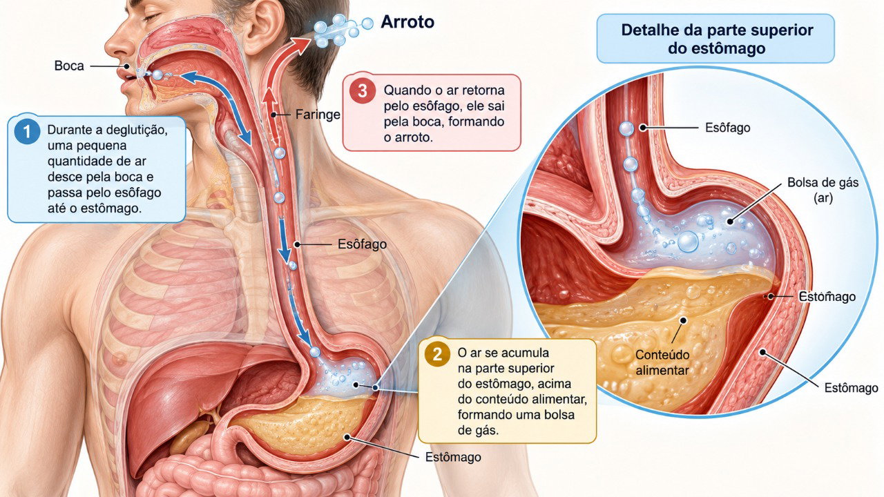 O ar engolido durante as refeições pode se acumular no estômago e retornar pelo esôfago, provocando arrotos frequentes.