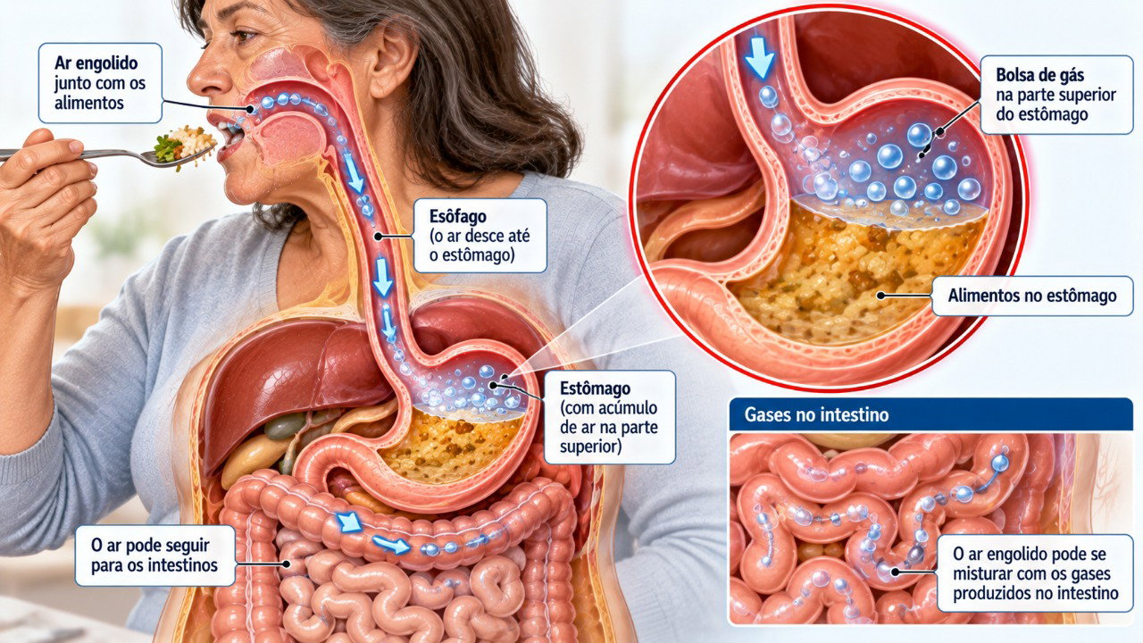 O ar engolido durante refeições apressadas pode se acumular no estômago e seguir para o intestino, contribuindo para o estufamento abdominal.