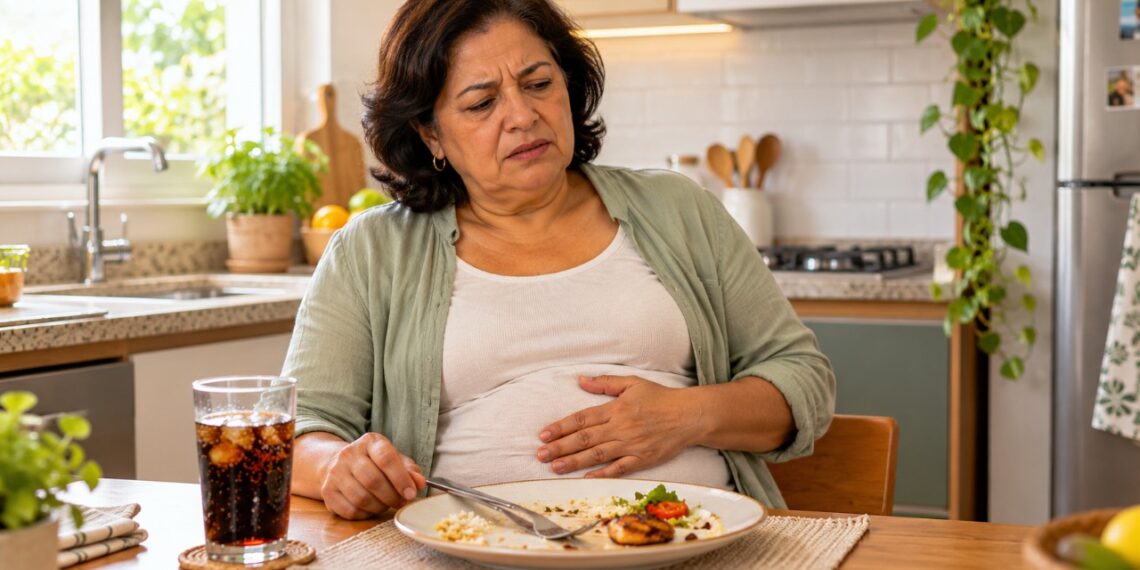 Comer rapidamente pode aumentar a quantidade de ar engolido e provocar barriga estufada, arrotos e desconforto após as refeições.