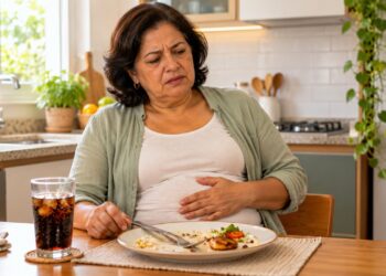 Comer rapidamente pode aumentar a quantidade de ar engolido e provocar barriga estufada, arrotos e desconforto após as refeições.