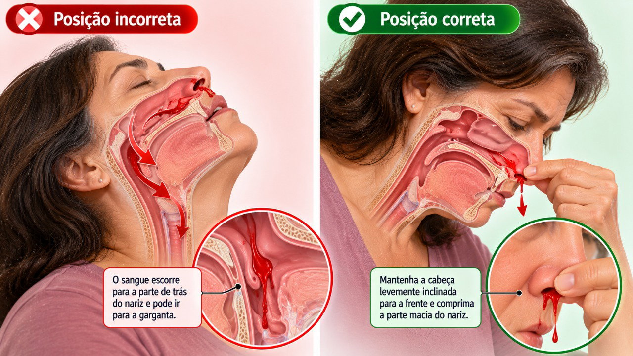 Inclinar a cabeça para trás pode fazer o sangue escorrer para a garganta, enquanto a inclinação para a frente facilita o controle seguro do sangramento.