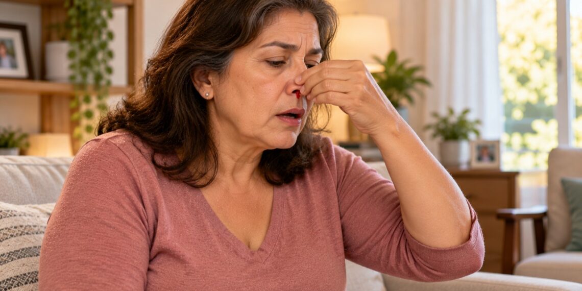 Para controlar um sangramento nasal, o correto é inclinar a cabeça para a frente e apertar a parte macia do nariz por 10 a 15 minutos.