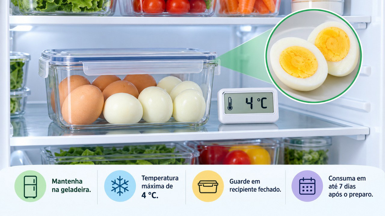Manter os ovos cozidos em recipientes limpos, a 4 °C ou menos, ajuda a conservá-los com segurança por até uma semana.