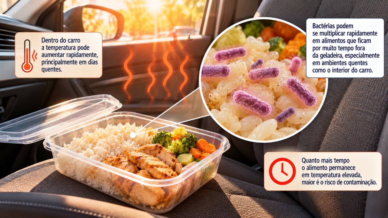 O calor acumulado dentro de um carro pode acelerar a multiplicação de bactérias em alimentos perecíveis, mesmo sem alterar sua aparência.