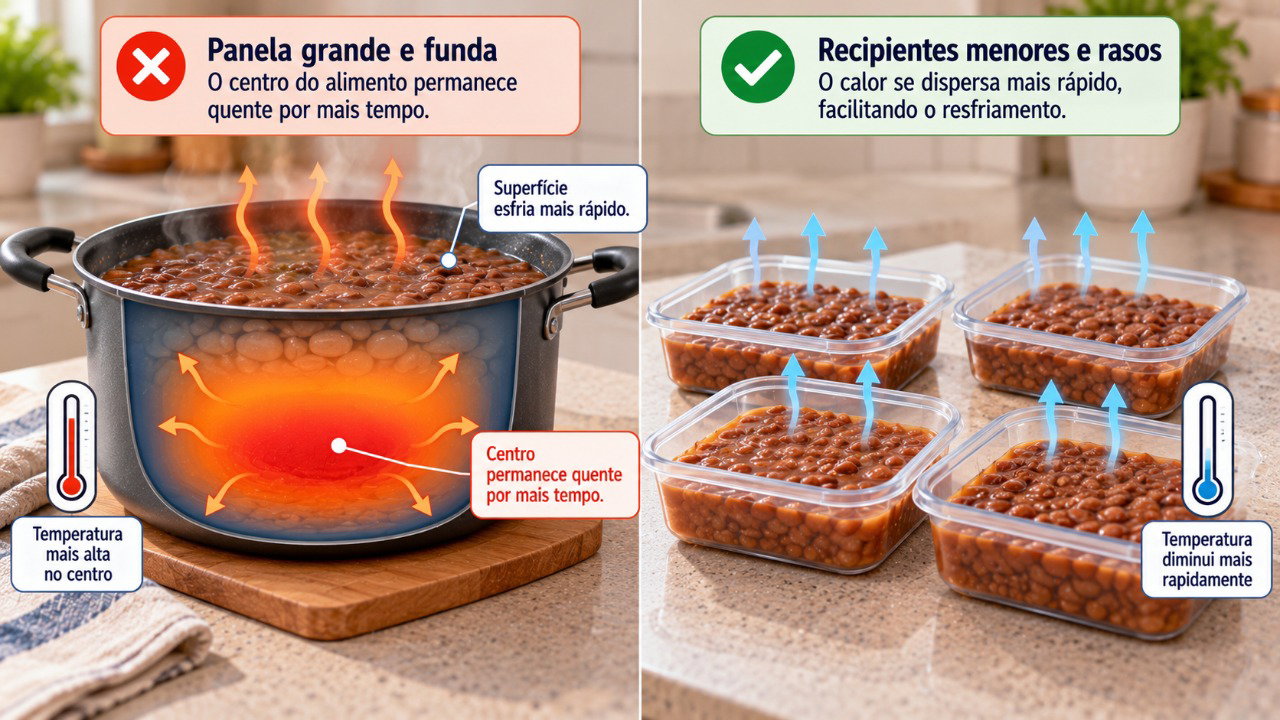 Uma panela funda mantém o calor por mais tempo no centro, enquanto recipientes rasos permitem que as sobras esfriem mais rapidamente.