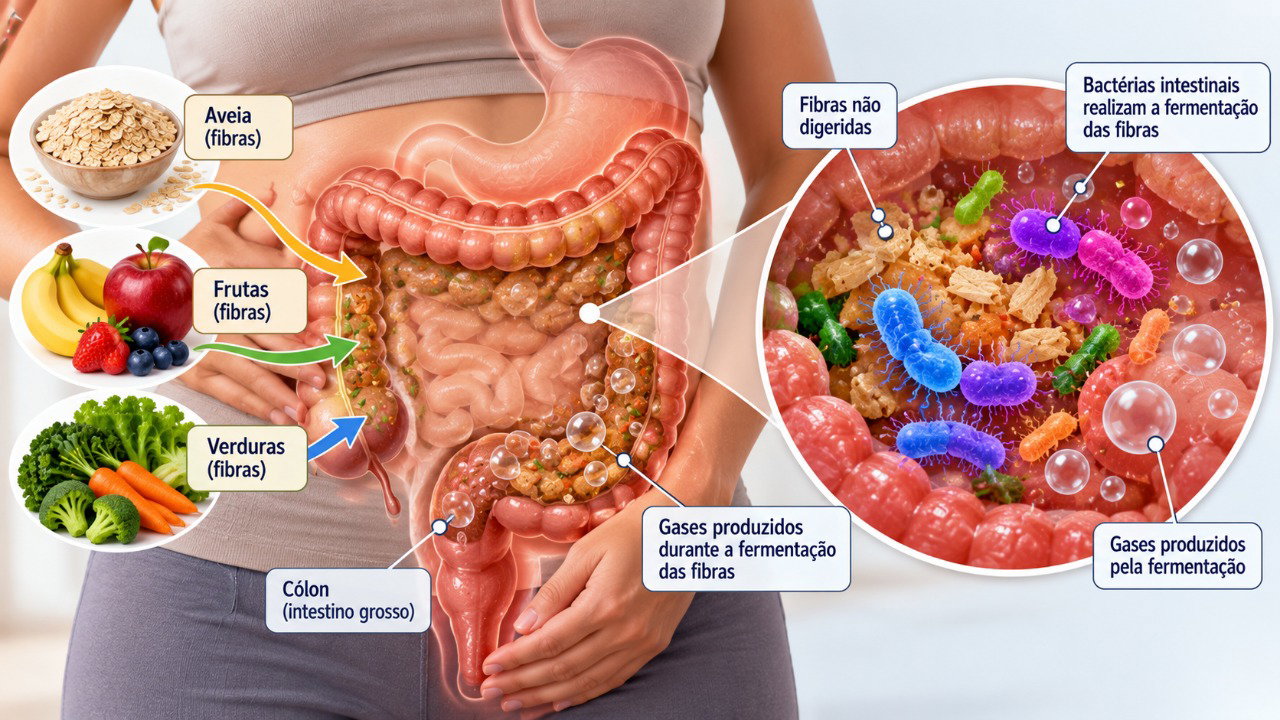A fermentação de algumas fibras pelas bactérias intestinais produz gases, que podem aumentar quando o consumo de fibras cresce rapidamente.