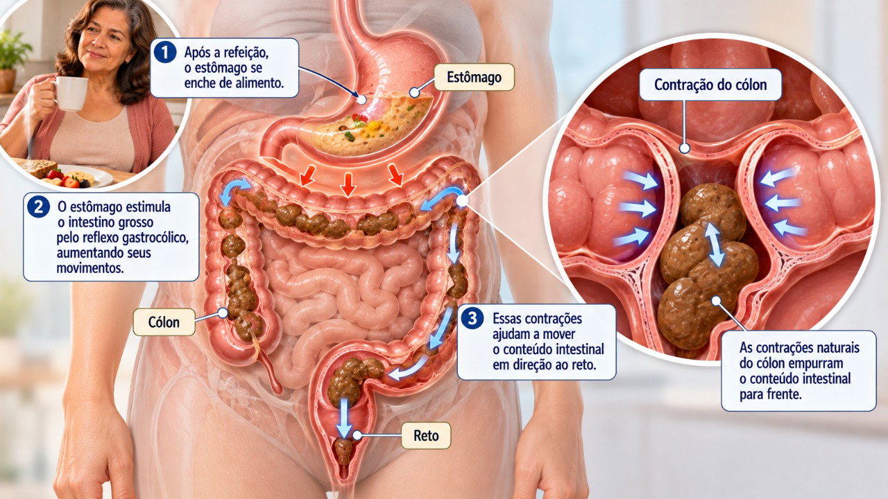 O reflexo gastrocólico estimula os movimentos do intestino grosso após o café da manhã, favorecendo a eliminação das fezes.