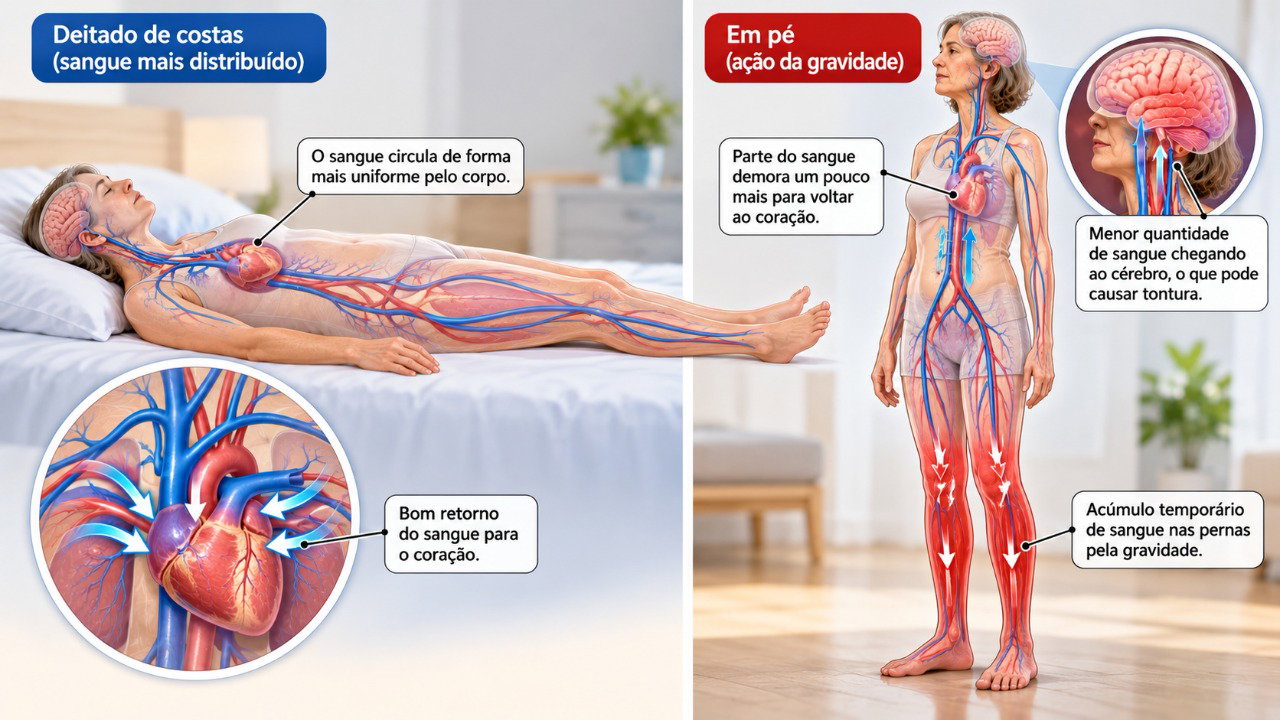 Ao levantar rapidamente, parte do sangue se desloca para as pernas, podendo causar uma queda temporária da pressão arterial.