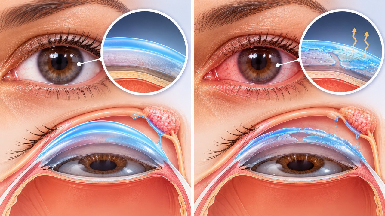 Piscar menos durante atividades de concentração visual favorece a evaporação das lágrimas e o ressecamento dos olhos.
