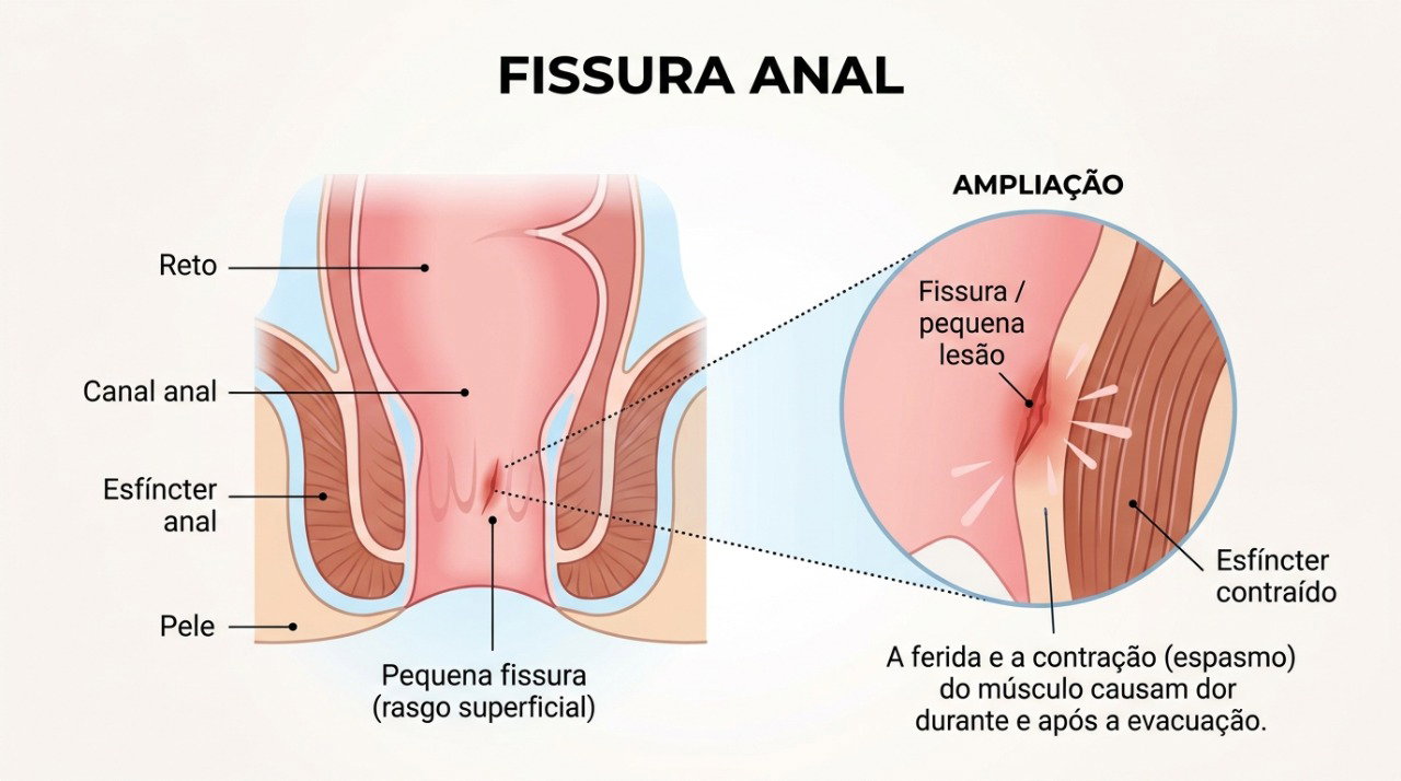 A fissura anal é uma pequena ruptura no tecido do canal anal que pode causar dor intensa e ardência prolongada após evacuar.