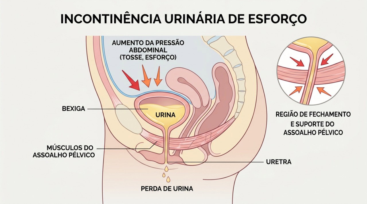 O enfraquecimento do assoalho pélvico pode dificultar o fechamento da uretra durante a tosse ou o espirro, provocando escapes de urina.
