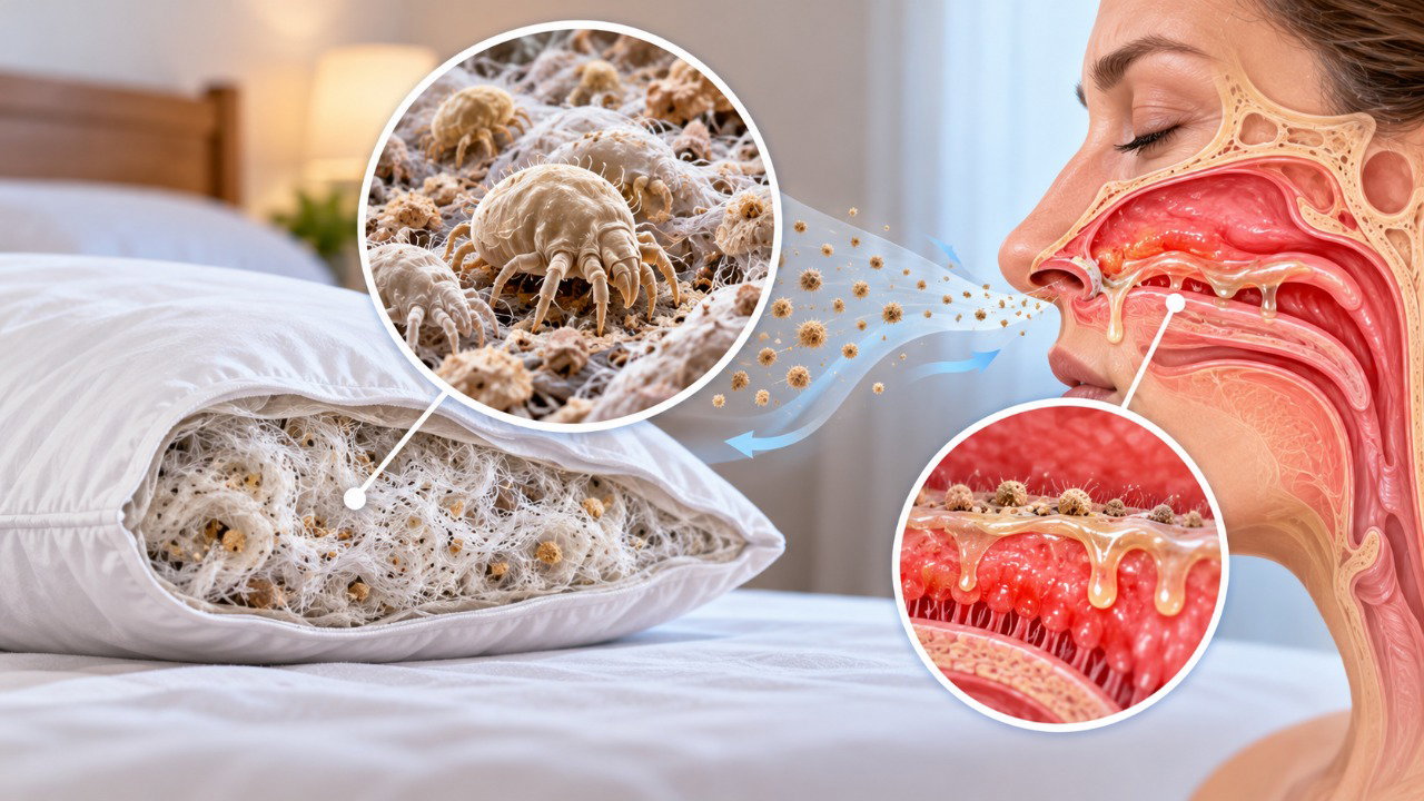 Alérgenos dos ácaros presentes em travesseiros e colchões podem irritar a mucosa nasal e provocar espirros e coriza ao acordar.