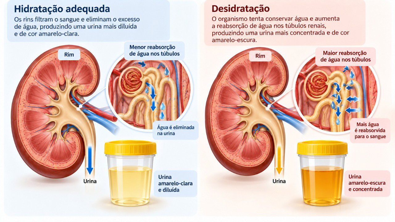 Quando falta água no organismo, os rins conservam mais líquido e produzem uma urina mais concentrada e escura.