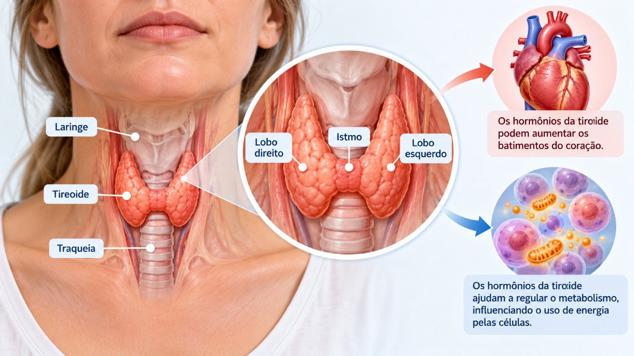 No hipertireoidismo, o excesso de hormônios da tireoide acelera o metabolismo e pode aumentar os batimentos cardíacos e a produção de calor.