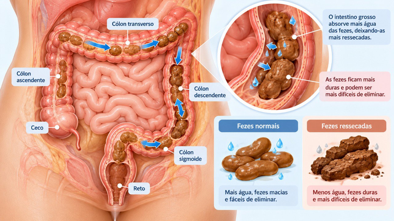 Quando as fezes permanecem por mais tempo no intestino grosso, podem perder água e ficar endurecidas, dificultando a evacuação.