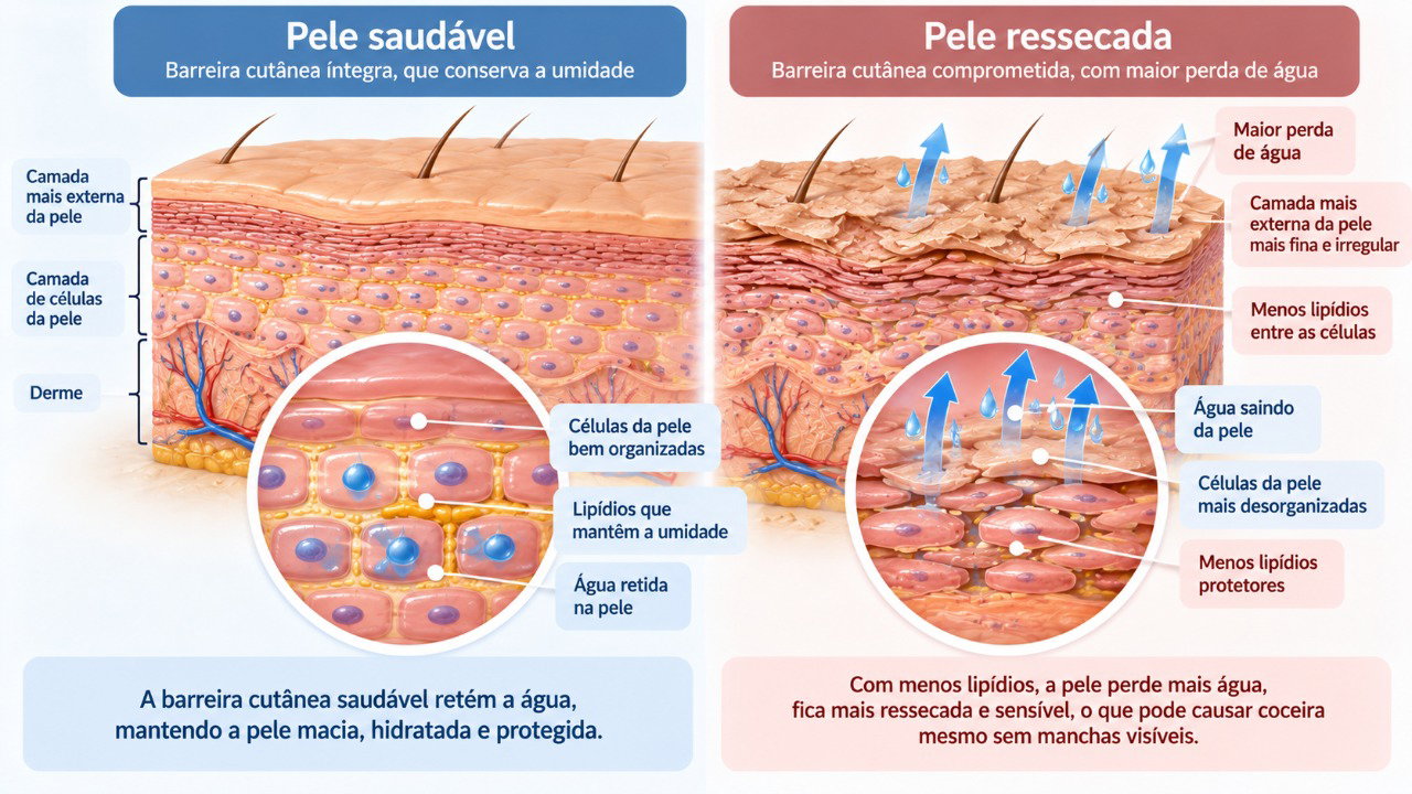 O ressecamento compromete a barreira protetora da pele, aumentando a perda de água e favorecendo a coceira mesmo sem manchas.