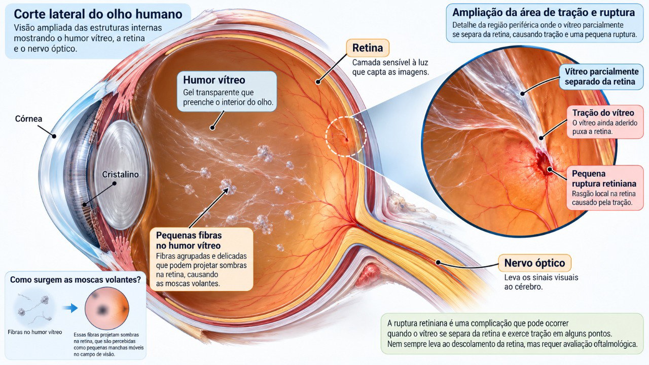 Alterações no vítreo podem causar moscas volantes e, em alguns casos, provocar tração e rupturas na retina.