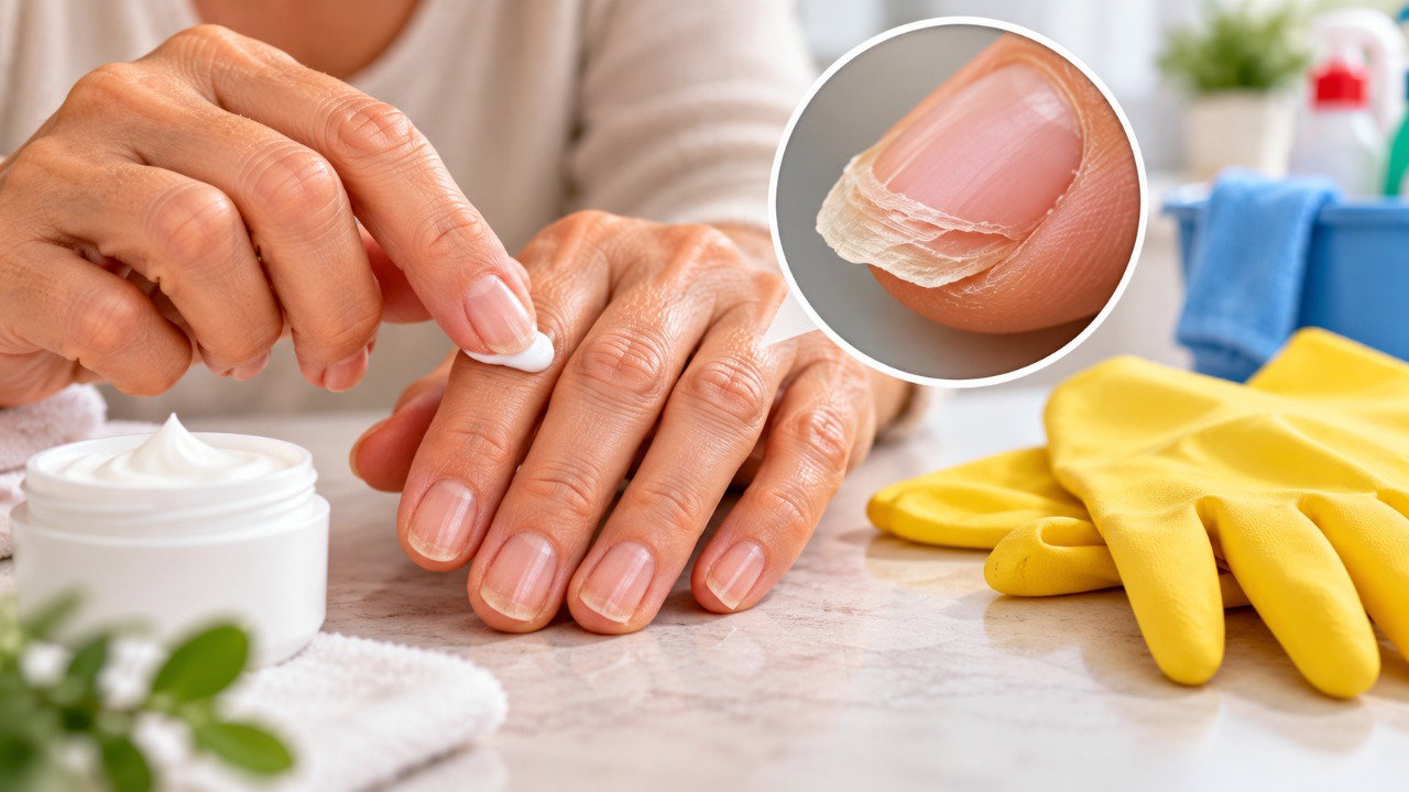 Hidratar as unhas e cutículas e usar luvas nas tarefas domésticas ajuda a reduzir o ressecamento e a quebra.
