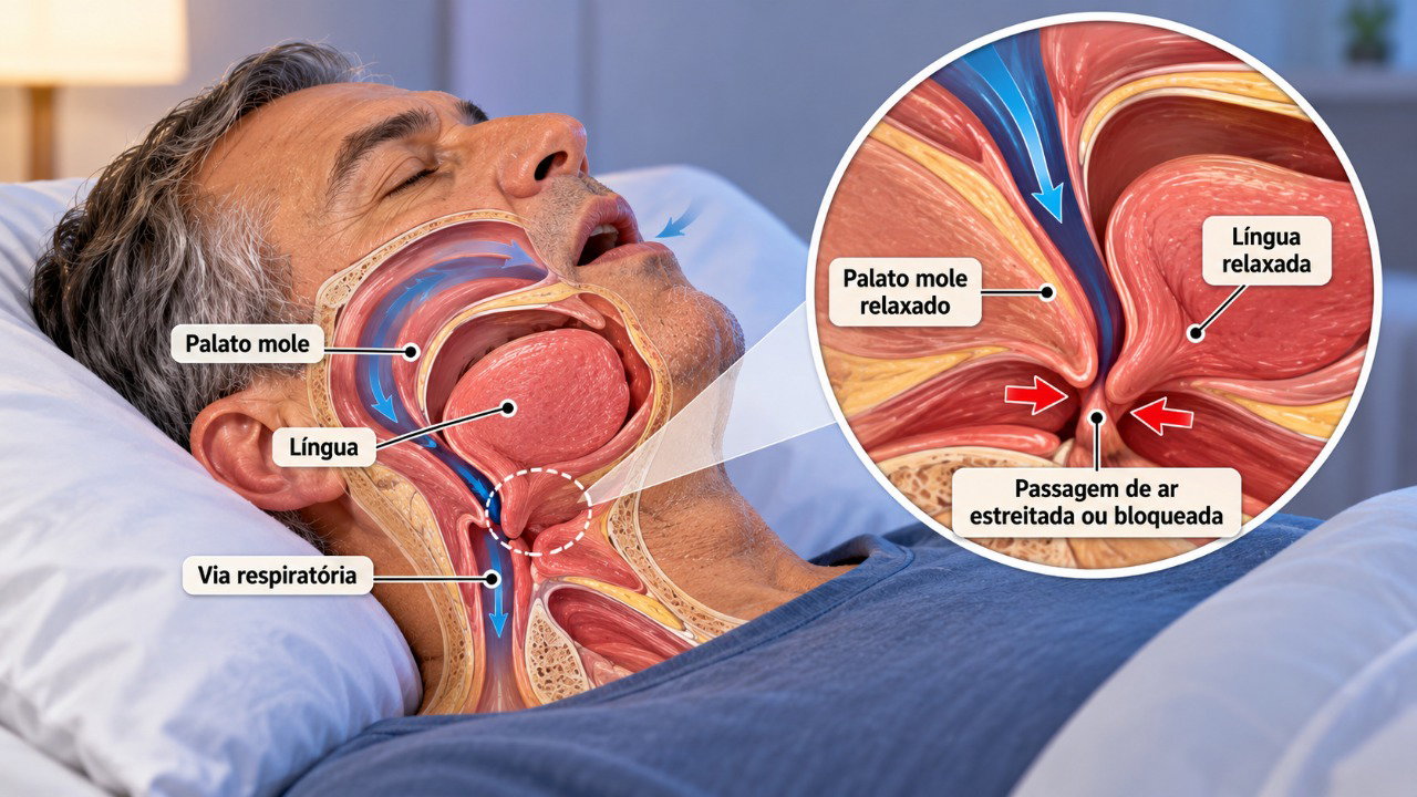 Na apneia obstrutiva do sono, o relaxamento dos tecidos da garganta pode bloquear temporariamente a passagem de ar.