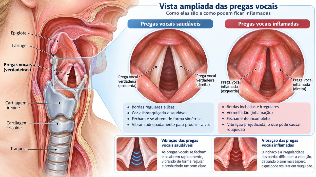 Inflamações e alterações nas pregas vocais podem prejudicar sua vibração e provocar rouquidão persistente.