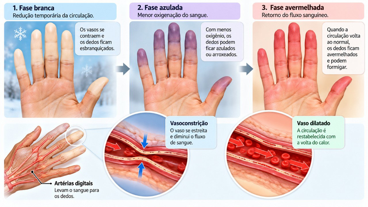 No fenômeno de Raynaud, os dedos podem ficar brancos, azulados e depois vermelhos conforme a circulação sanguínea se altera.