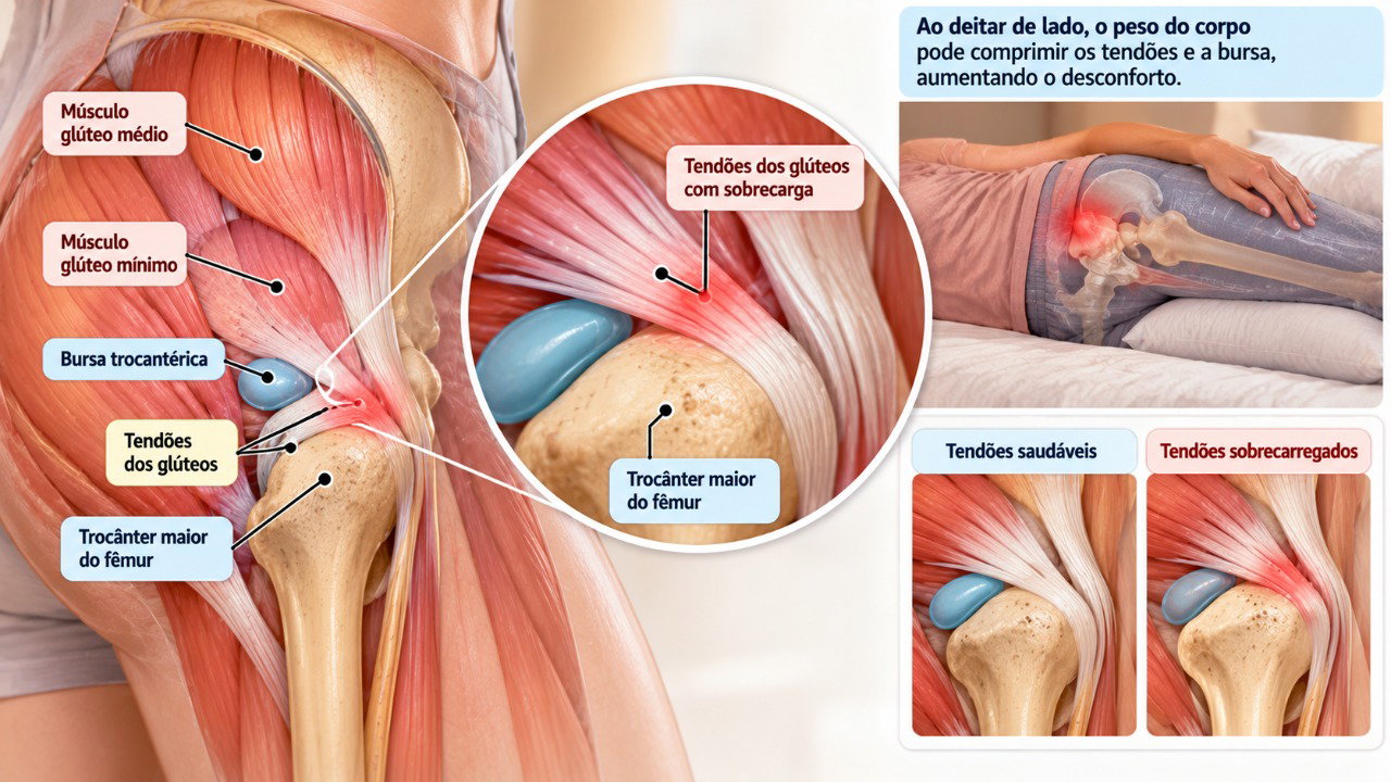 A pressão sobre os tendões glúteos próximos ao trocânter maior pode provocar dor na lateral do quadril ao dormir de lado.
