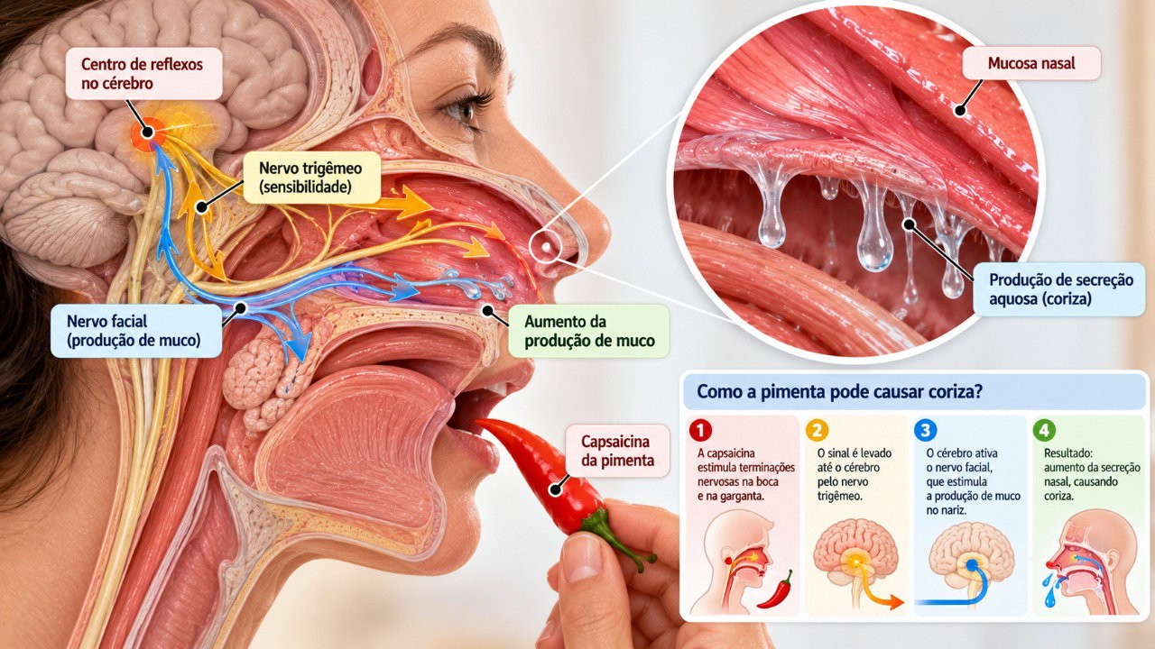 A capsaicina da pimenta pode estimular reflexos nervosos que aumentam a secreção nasal, provocando a rinite gustativa.