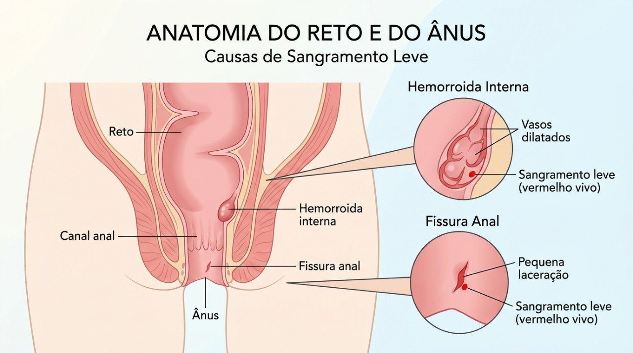 Hemorroidas e fissuras anais podem provocar sangramento vermelho vivo, mas a causa precisa ser identificada por avaliação médica.