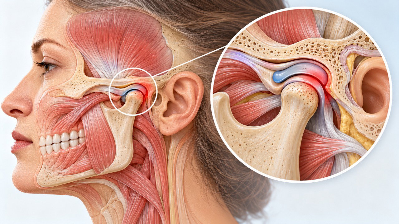 A articulação temporomandibular fica próxima ao ouvido, e alterações nessa região podem provocar dor ao mastigar ou abrir a boca.
