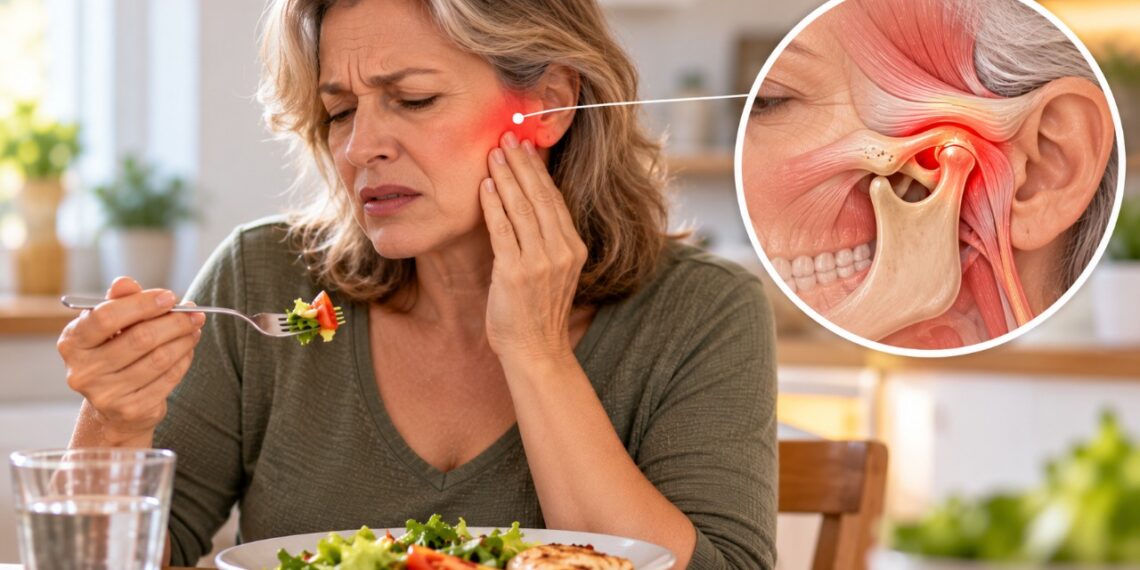A dor no ouvido ao mastigar pode estar relacionada à articulação temporomandibular, localizada logo à frente do ouvido.