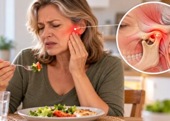 A dor no ouvido ao mastigar pode estar relacionada à articulação temporomandibular, localizada logo à frente do ouvido.