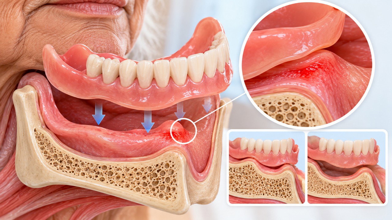 Mudanças no formato da gengiva e do osso podem prejudicar o encaixe da dentadura e provocar pontos de pressão dolorosos.