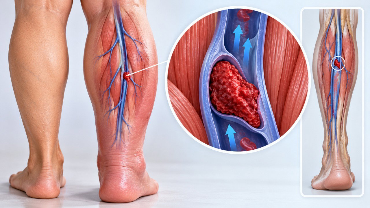 Na trombose venosa profunda, um coágulo pode dificultar o retorno do sangue e provocar inchaço, dor e calor na perna afetada.