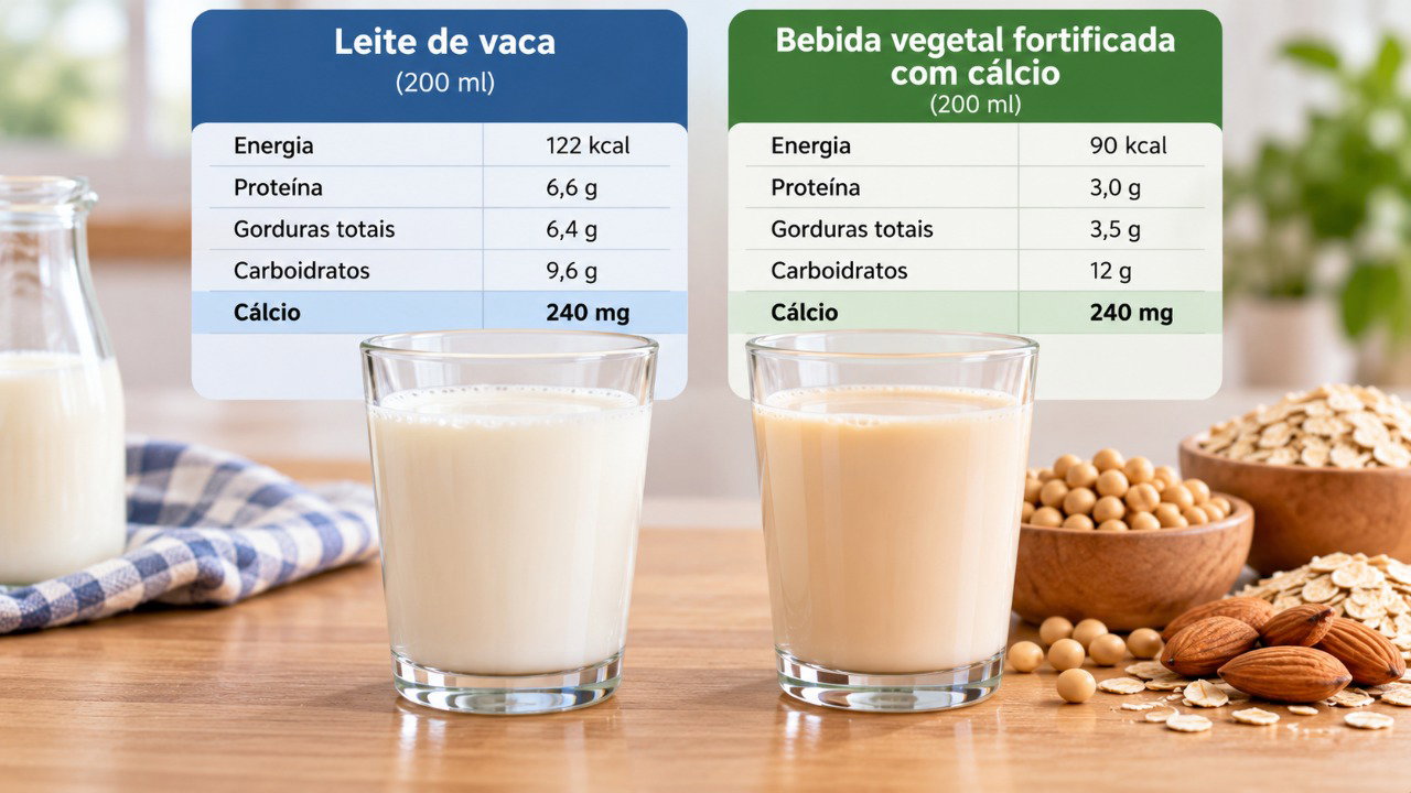 Bebidas vegetais fortificadas podem oferecer quantidades de cálcio semelhantes às do leite, mas o teor de proteína varia conforme o produto.