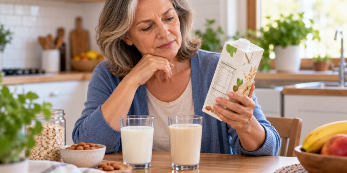 Comparar os rótulos do leite e das bebidas vegetais ajuda a identificar a quantidade de cálcio e proteína em cada copo.