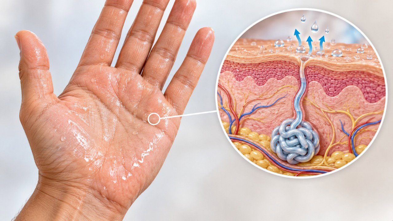 Na hiperidrose palmar, as glândulas sudoríparas recebem estímulos excessivos e produzem suor mesmo sem calor intenso.