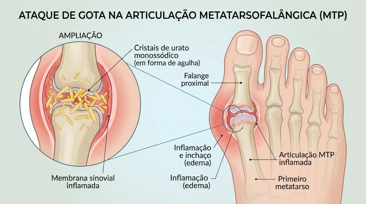 Na gota, o depósito de cristais de urato na articulação pode desencadear inflamação intensa, dor, calor e inchaço.