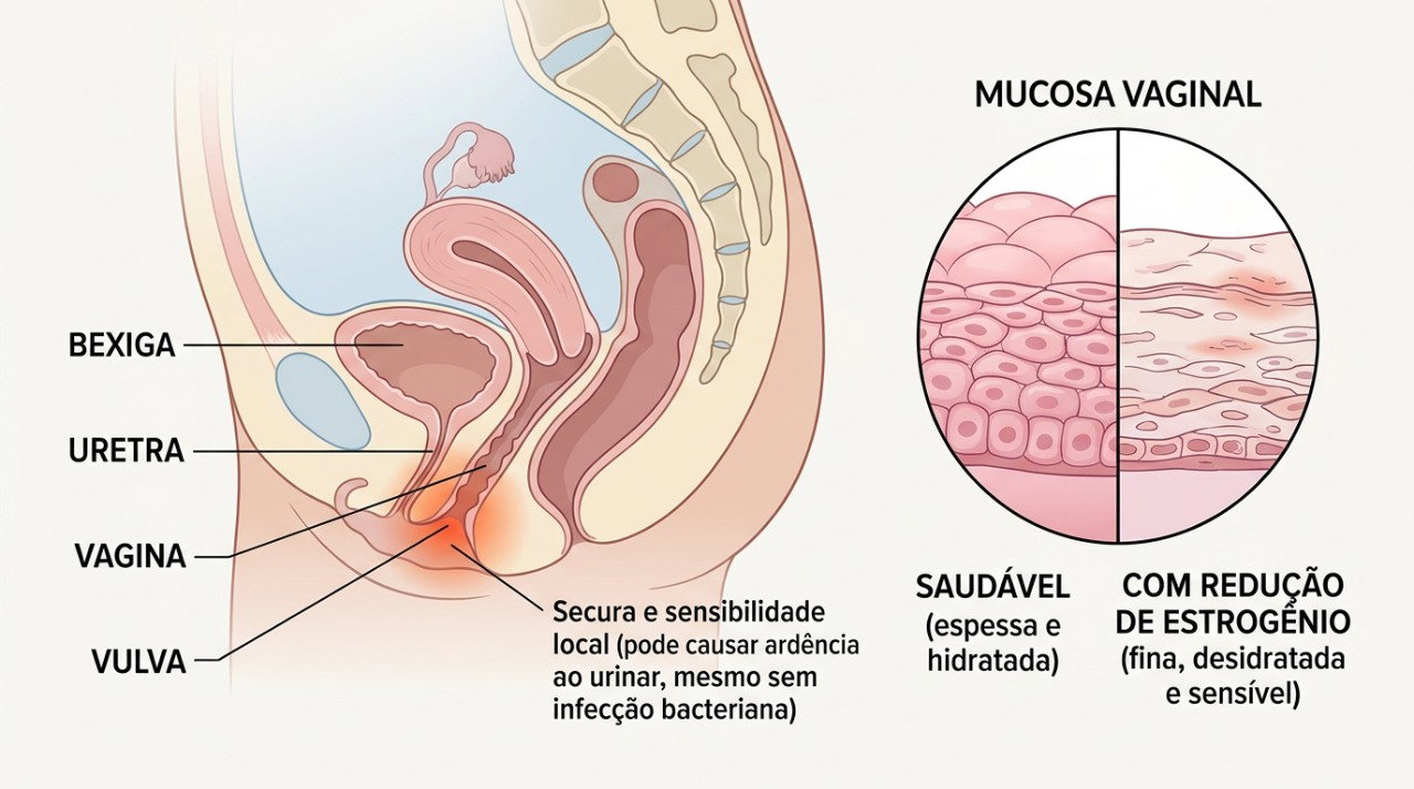 A redução do estrogênio após a menopausa pode deixar os tecidos vaginais e próximos à uretra mais finos e sensíveis, favorecendo o ardor.