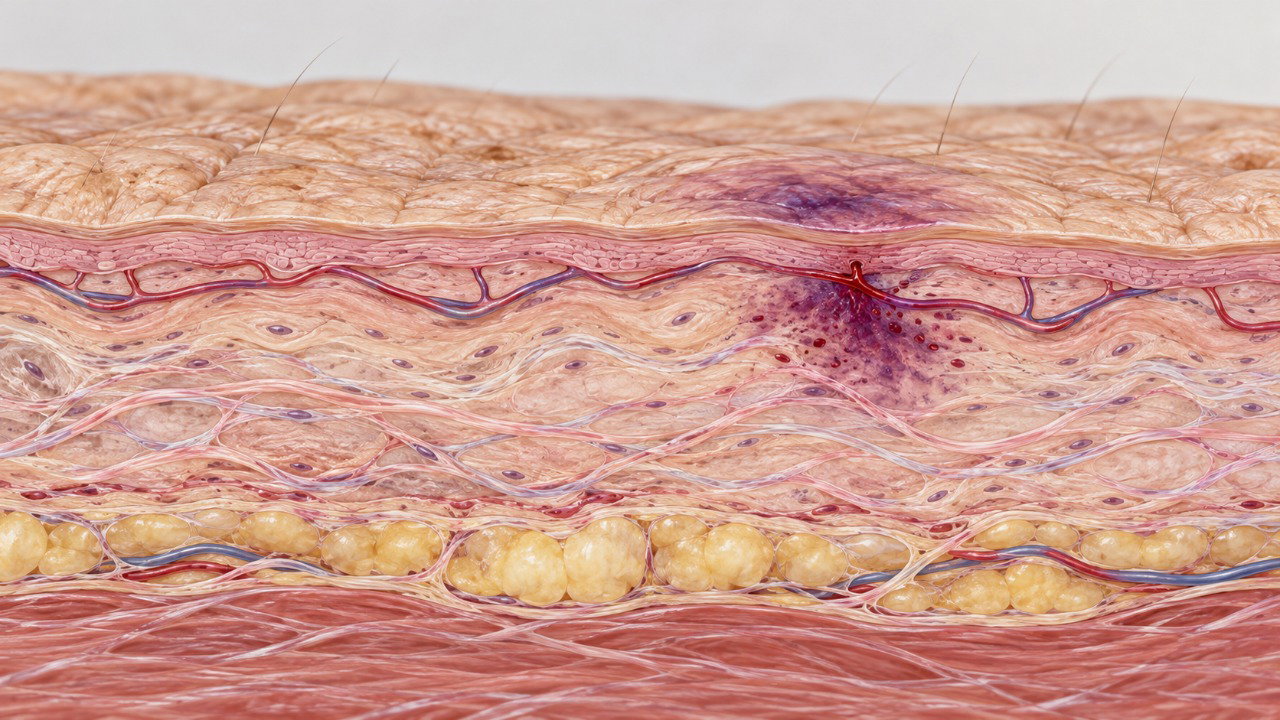 O afinamento da pele e a redução do tecido de proteção tornam os pequenos vasos mais vulneráveis a batidas, favorecendo os hematomas.