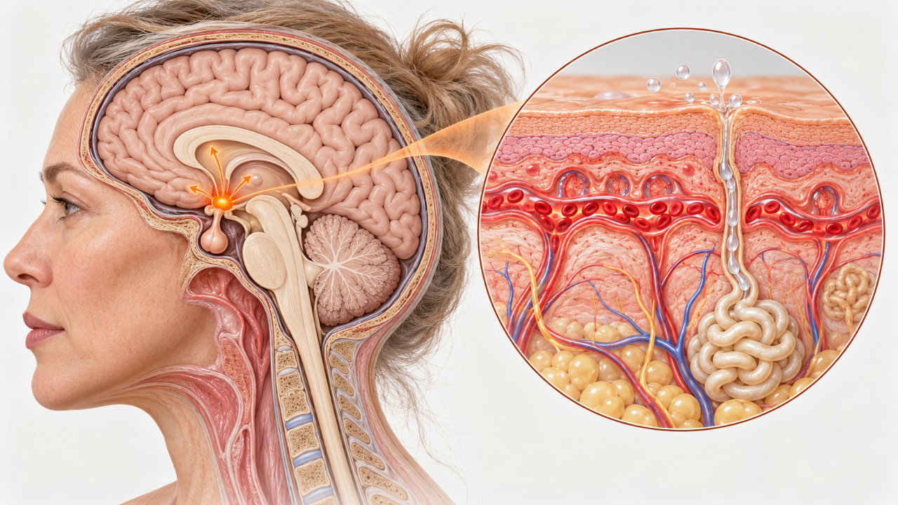 As mudanças hormonais da menopausa afetam a regulação da temperatura corporal, favorecendo a dilatação dos vasos e a produção de suor.