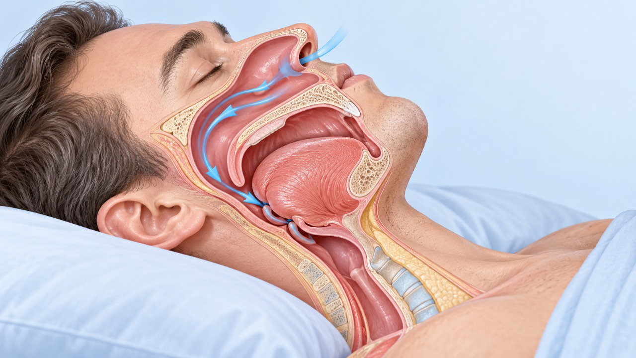 Na apneia obstrutiva do sono, o estreitamento das vias respiratórias pode interromper a passagem de ar e fragmentar o descanso.