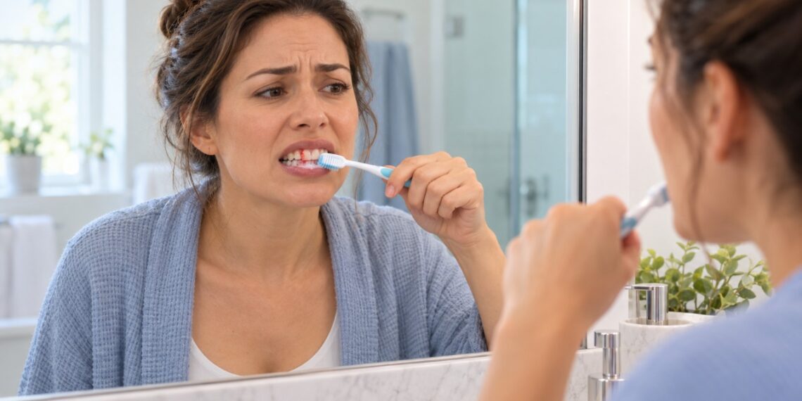 A gengiva sangrando durante a escovação pode ser um sinal de inflamação causada pelo acúmulo de placa bacteriana.